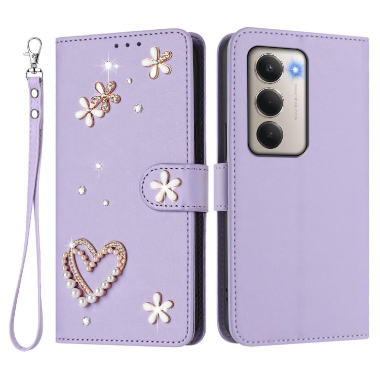 For Redmi 15 5G Global / 4G SEA 169.5mm ZS01 Double-Layer Heart Floral Vegan Leather Phone Case with Wrist Strap