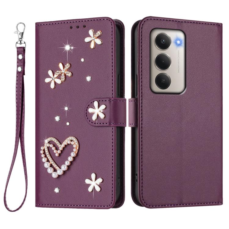 For Redmi 15 5G Global / 4G SEA 169.5mm ZS01 Double-Layer Heart Floral Vegan Leather Phone Case with Wrist Strap
