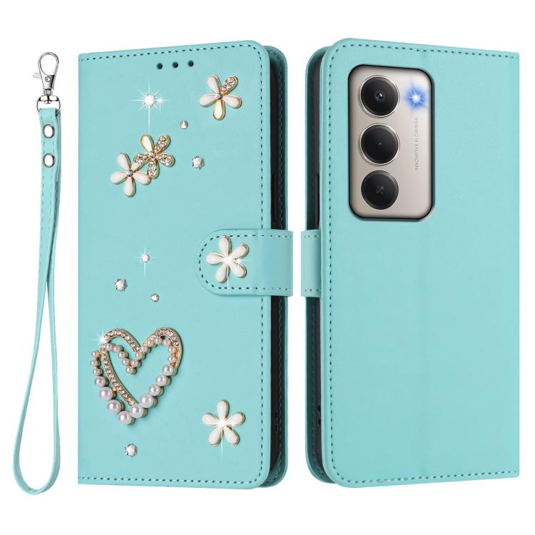For Redmi 15 5G / 4G EU 171mm ZS01 Double-Layer Heart Floral Vegan Leather Phone Case with Wrist Strap