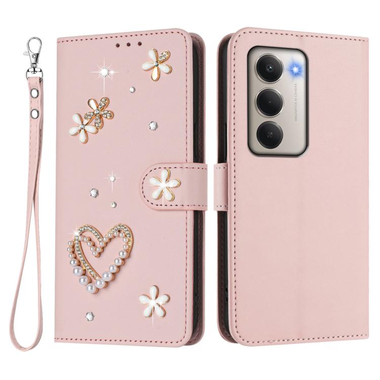 For Redmi 15 5G / 4G EU 171mm ZS01 Double-Layer Heart Floral Vegan Leather Phone Case with Wrist Strap