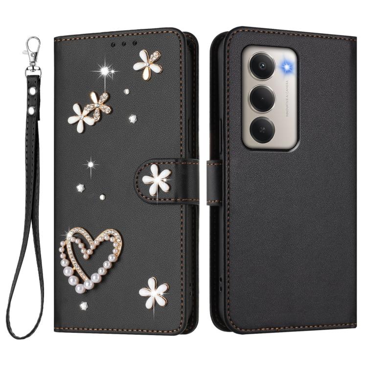 For Redmi 15 5G / 4G EU 171mm ZS01 Double-Layer Heart Floral Vegan Leather Phone Case with Wrist Strap