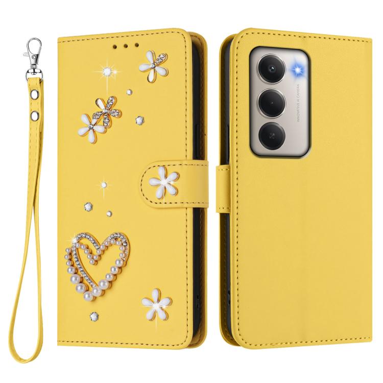 For Redmi 15 5G / 4G EU 171mm ZS01 Double-Layer Heart Floral Vegan Leather Phone Case with Wrist Strap