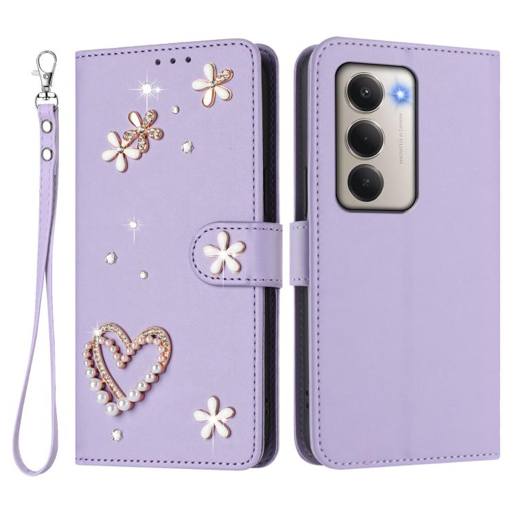 For Redmi 15 5G / 4G EU 171mm ZS01 Double-Layer Heart Floral Vegan Leather Phone Case with Wrist Strap