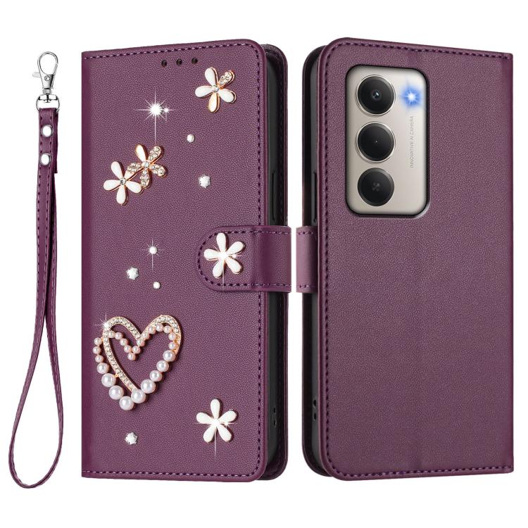 For Redmi 15 5G / 4G EU 171mm ZS01 Double-Layer Heart Floral Vegan Leather Phone Case with Wrist Strap