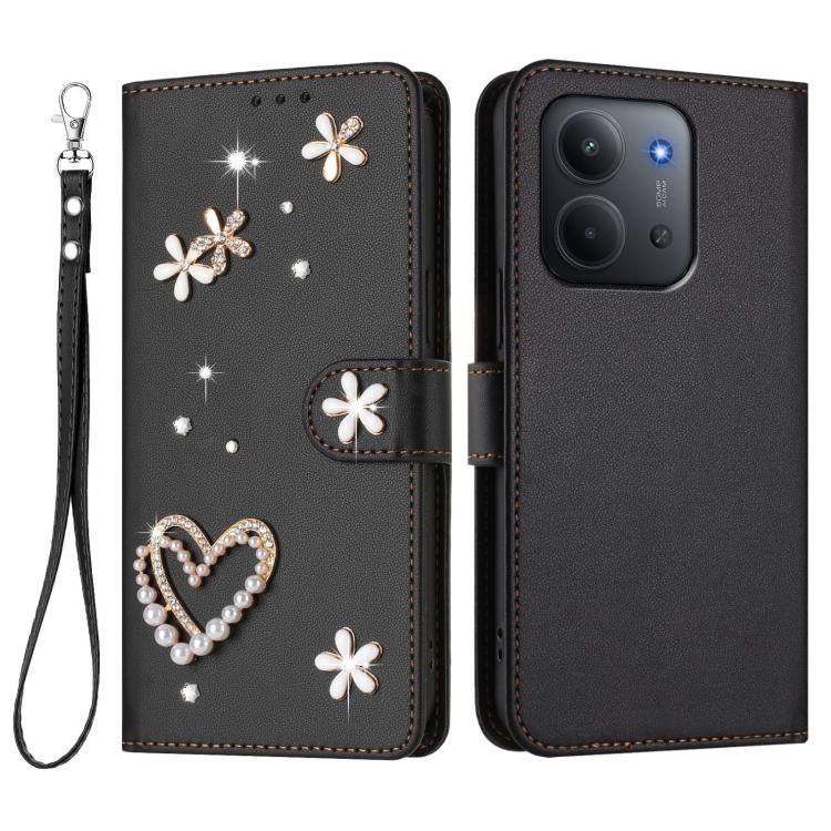 For Redmi 15C 5G / 4G Global 171mm ZS01 Double-Layer Heart Floral Vegan Leather Phone Case with Wrist Strap
