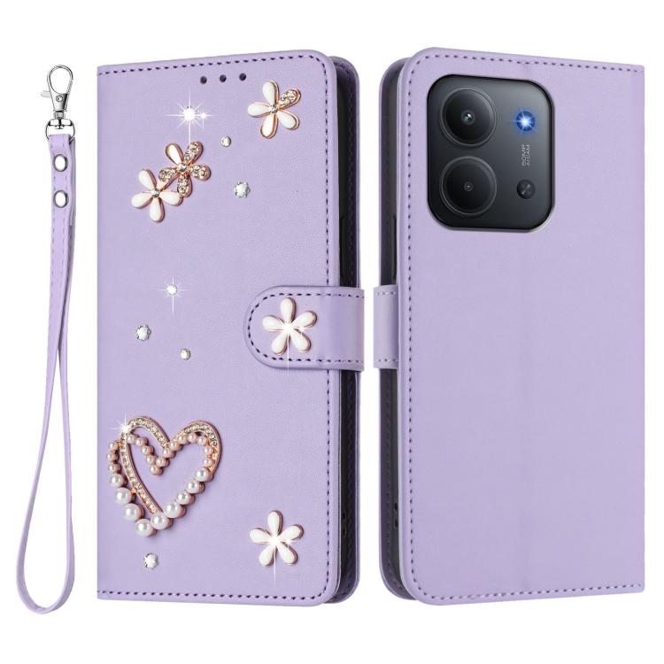 For Redmi 15C 5G / 4G Global 171mm ZS01 Double-Layer Heart Floral Vegan Leather Phone Case with Wrist Strap
