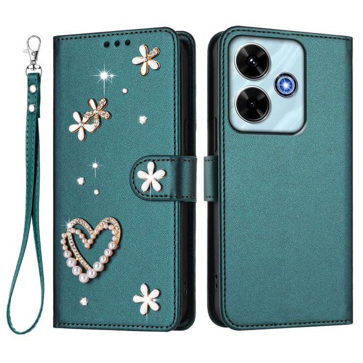 For Redmi 13x 4G / 13 4G / 13 5G ZS01 Double-Layer Heart Floral Vegan Leather Phone Case with Wrist Strap