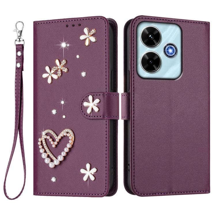 For Redmi 13x 4G / 13 4G / 13 5G ZS01 Double-Layer Heart Floral Vegan Leather Phone Case with Wrist Strap