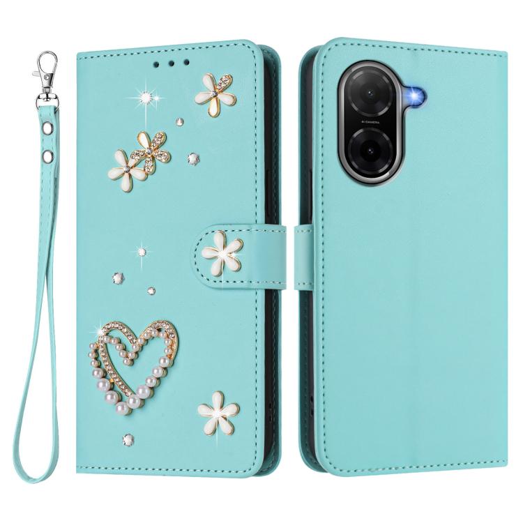 For Redmi A5 4G 173.3mm ZS01 Double-Layer Heart Floral Vegan Leather Phone Case with Wrist Strap
