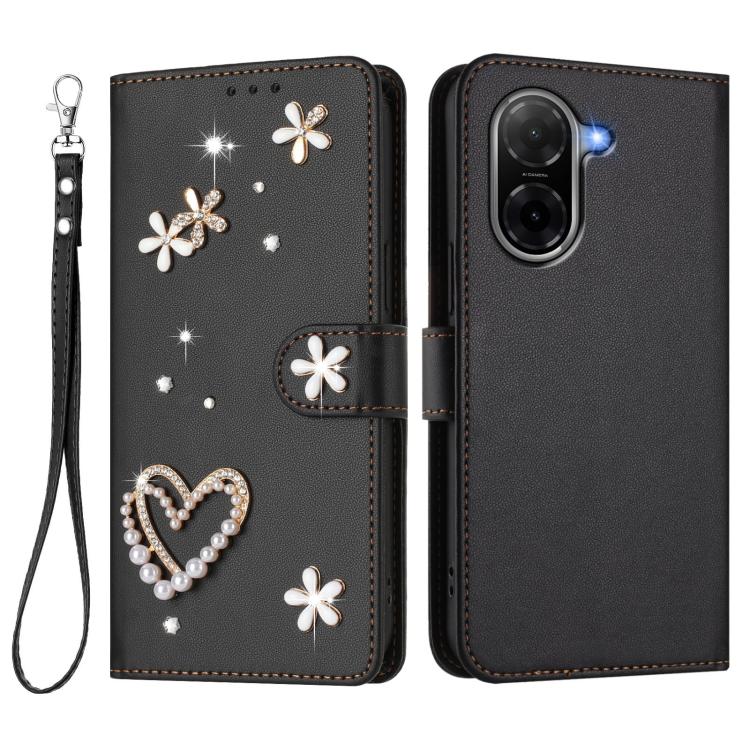 For Redmi A5 4G 173.3mm ZS01 Double-Layer Heart Floral Vegan Leather Phone Case with Wrist Strap