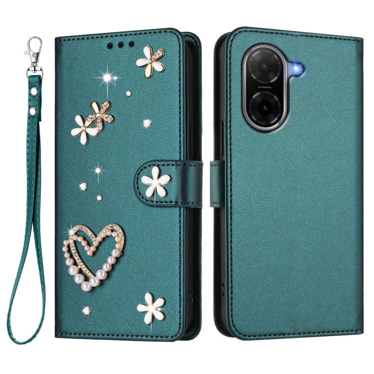 For Redmi A5 4G 173.3mm ZS01 Double-Layer Heart Floral Vegan Leather Phone Case with Wrist Strap