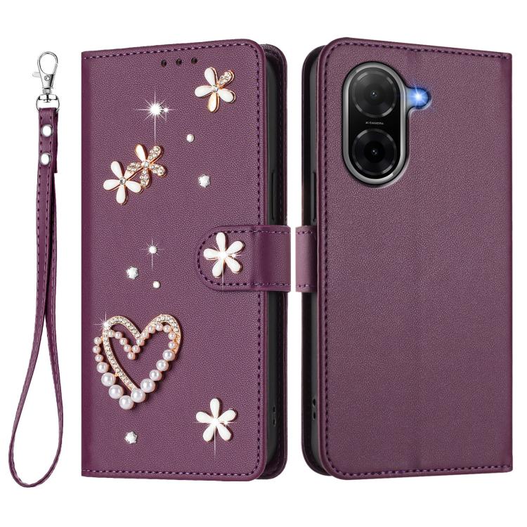 For Redmi A5 4G 173.3mm ZS01 Double-Layer Heart Floral Vegan Leather Phone Case with Wrist Strap