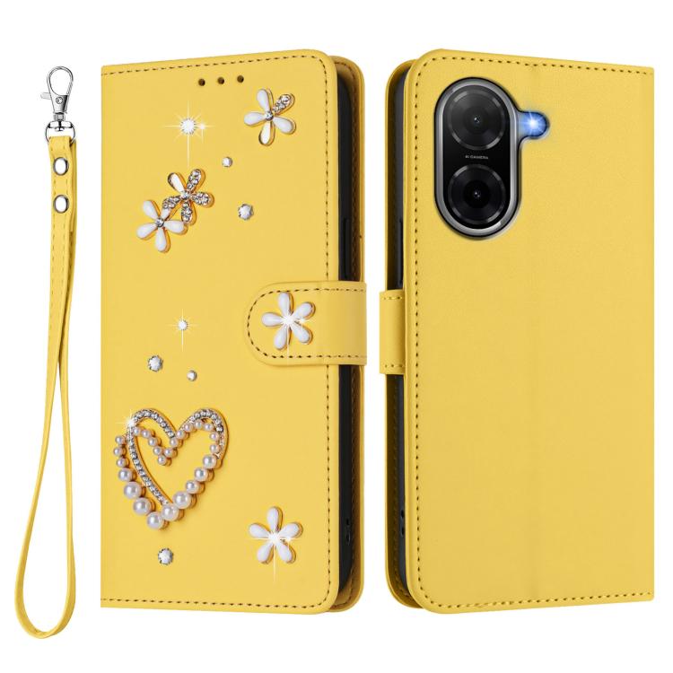 For Redmi A5 4G 171.7mm / Poco C71 4G ZS01 Double-Layer Heart Floral Vegan Leather Phone Case with Wrist Strap