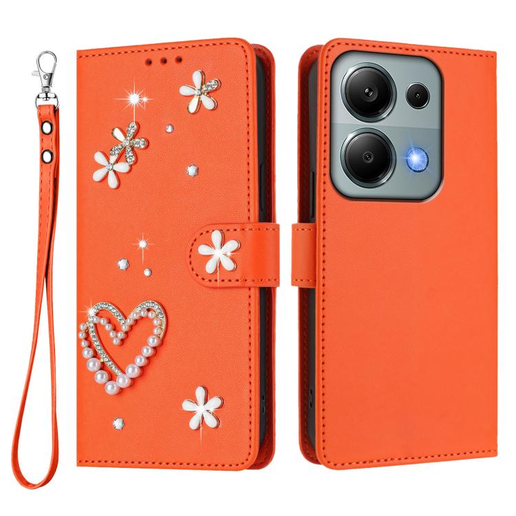 For Redmi Note 13 Pro 4G / Note 14S 4G ZS01 Double-Layer Heart Floral Vegan Leather Phone Case with Wrist Strap