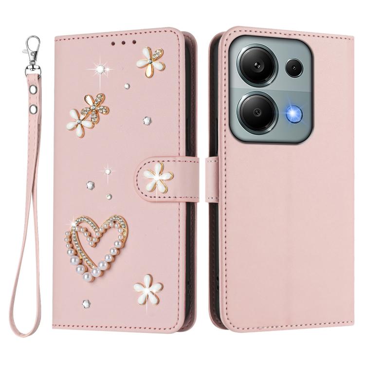 For Redmi Note 13 Pro 4G / Note 14S 4G ZS01 Double-Layer Heart Floral Vegan Leather Phone Case with Wrist Strap