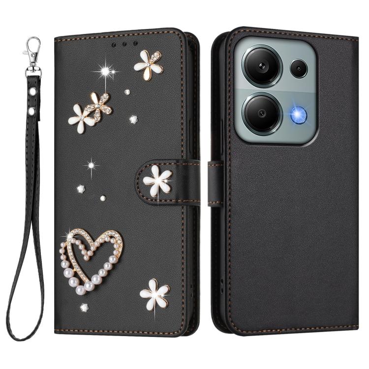 For Redmi Note 13 Pro 4G / Note 14S 4G ZS01 Double-Layer Heart Floral Vegan Leather Phone Case with Wrist Strap