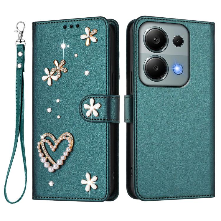 For Redmi Note 13 Pro 4G / Note 14S 4G ZS01 Double-Layer Heart Floral Vegan Leather Phone Case with Wrist Strap