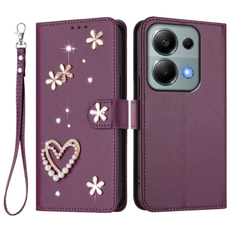 For Redmi Note 13 Pro 4G / Note 14S 4G ZS01 Double-Layer Heart Floral Vegan Leather Phone Case with Wrist Strap