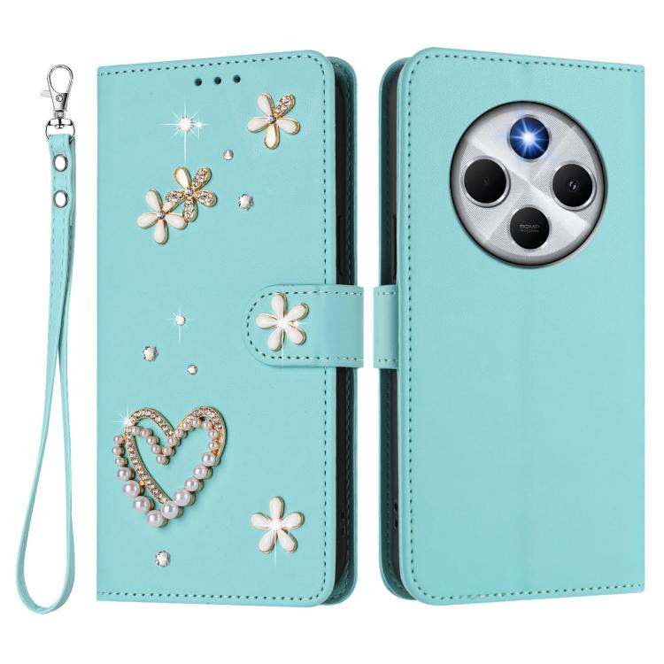 For Redmi 14C 4G / 14R 5G / A3 Pro ZS01 Double-Layer Heart Floral Vegan Leather Phone Case with Wrist Strap