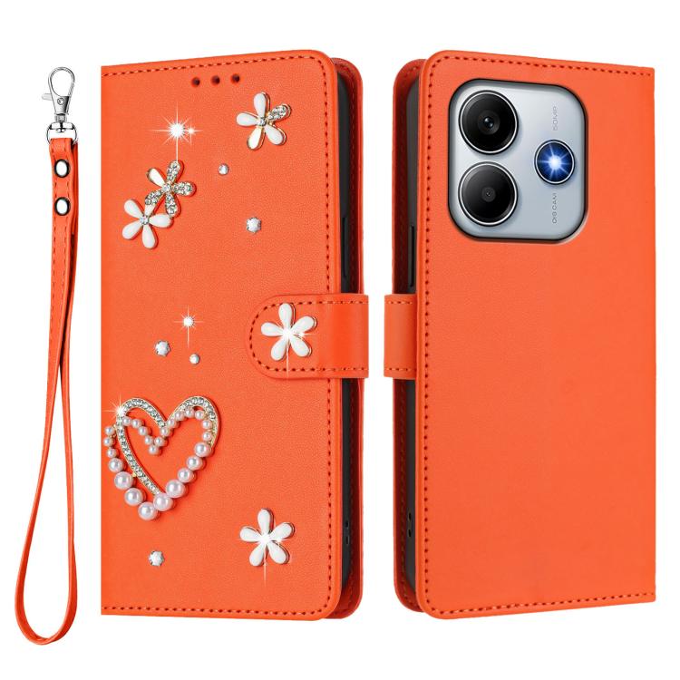 For Redmi Note 14 4G 164.84mm ZS01 Double-Layer Heart Floral Vegan Leather Phone Case with Wrist Strap