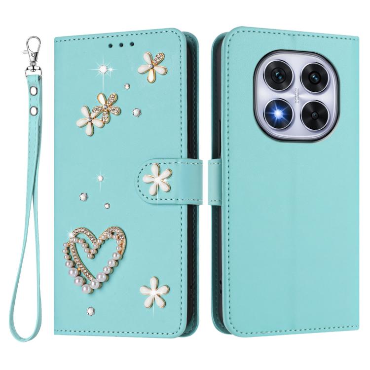 For Redmi Note 14 Pro 5G Global / 14 Pro+ 5G ZS01 Double-Layer Heart Floral Vegan Leather Phone Case with Wrist Strap