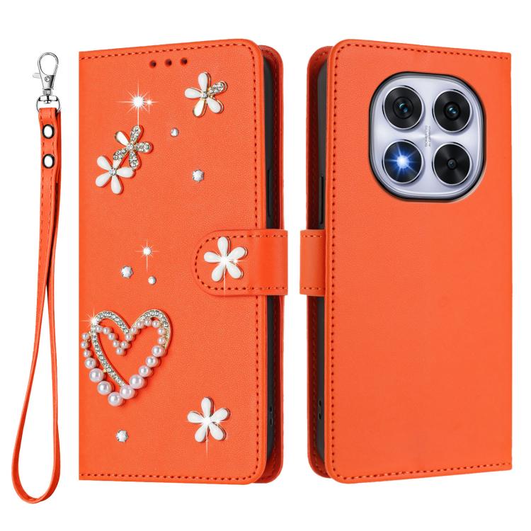 For Redmi Note 14 Pro 5G Global / 14 Pro+ 5G ZS01 Double-Layer Heart Floral Vegan Leather Phone Case with Wrist Strap