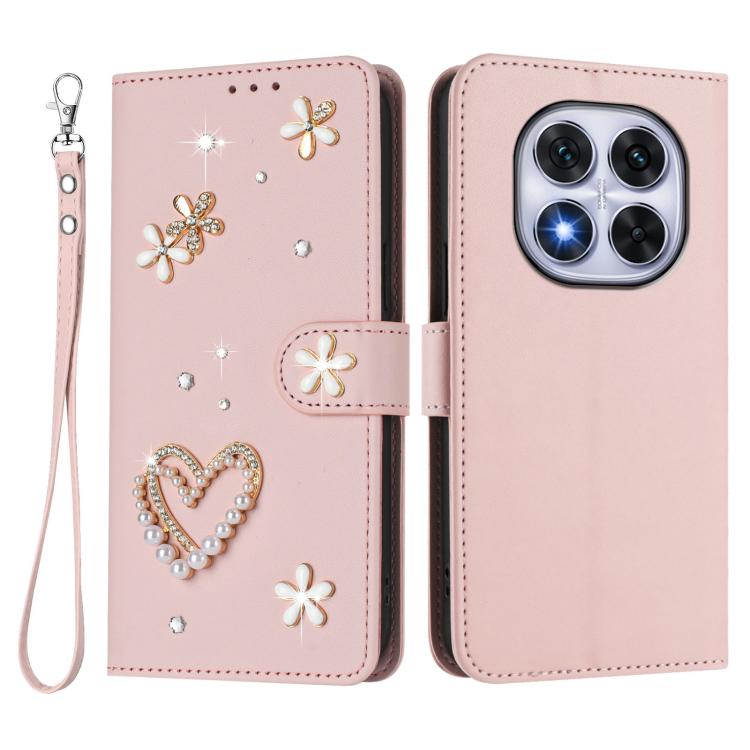 For Redmi Note 14 Pro 5G Global / 14 Pro+ 5G ZS01 Double-Layer Heart Floral Vegan Leather Phone Case with Wrist Strap