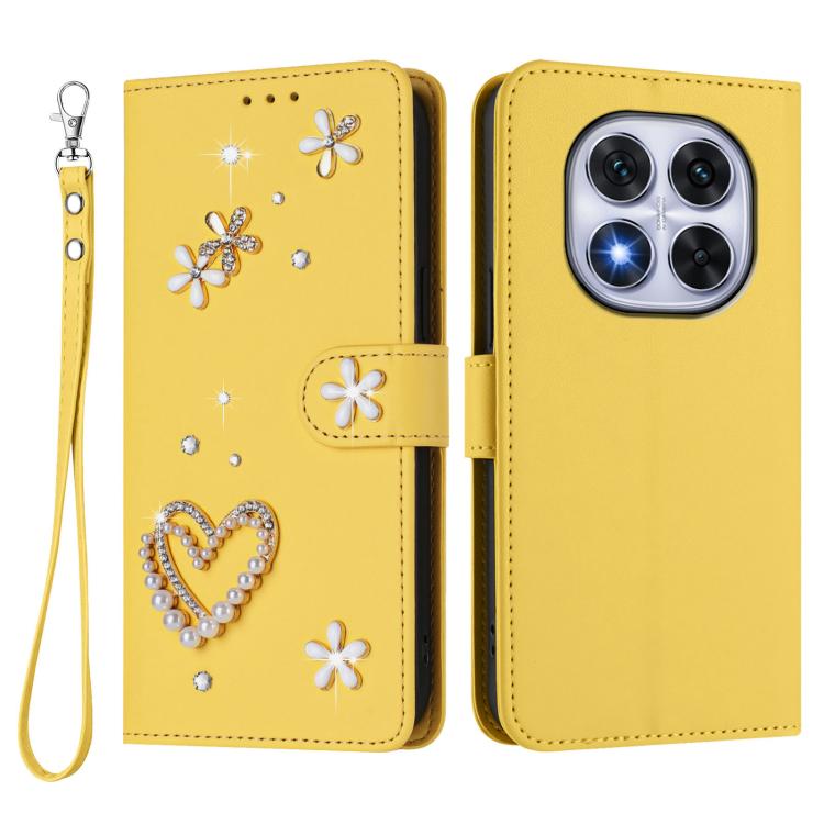 For Redmi Note 14 Pro 5G Global / 14 Pro+ 5G ZS01 Double-Layer Heart Floral Vegan Leather Phone Case with Wrist Strap