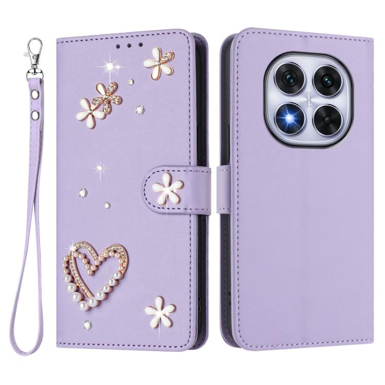 For Redmi Note 14 Pro 5G Global / 14 Pro+ 5G ZS01 Double-Layer Heart Floral Vegan Leather Phone Case with Wrist Strap