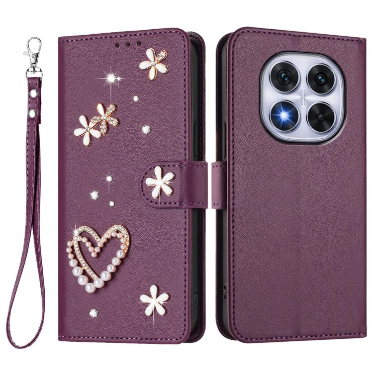 For Redmi Note 14 Pro 5G Global / 14 Pro+ 5G ZS01 Double-Layer Heart Floral Vegan Leather Phone Case with Wrist Strap