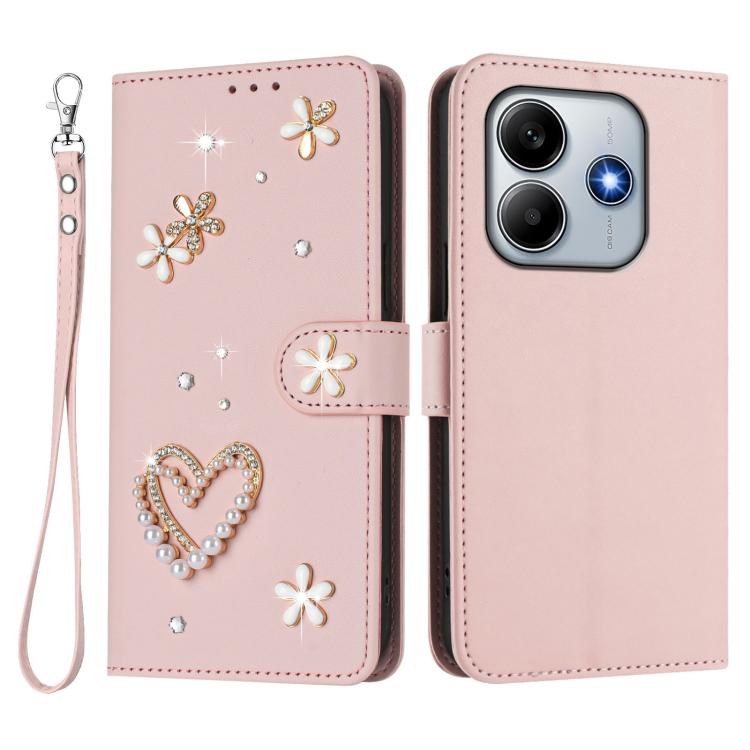For Redmi Note 14 5G Global / Poco M7 Pro 5G ZS01 Double-Layer Heart Floral Vegan Leather Phone Case with Wrist Strap