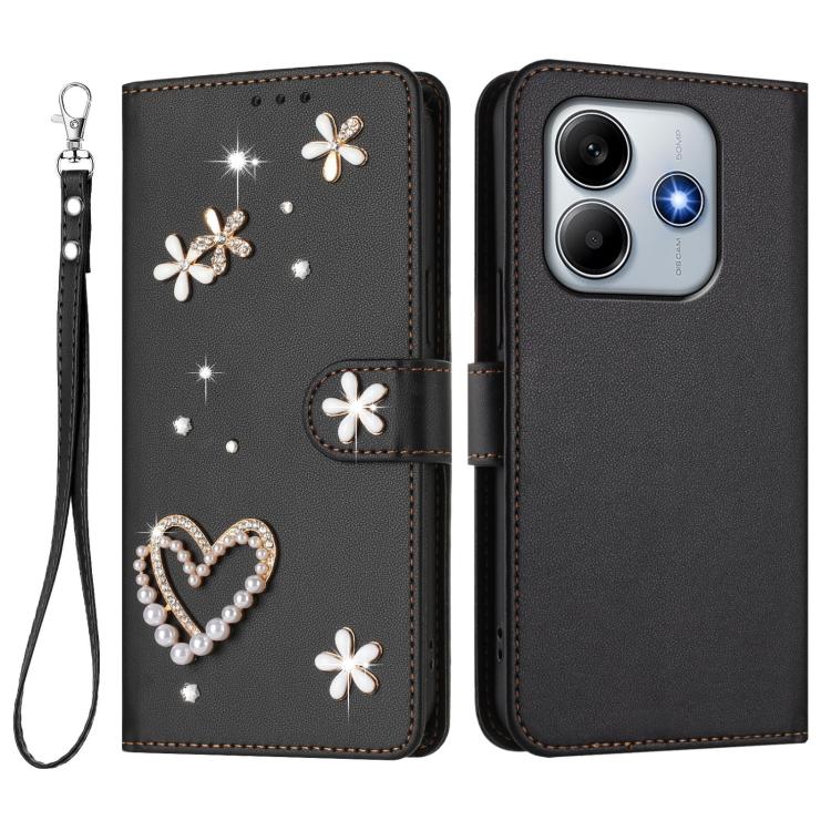 For Redmi Note 14 4G 163.25mm ZS01 Double-Layer Heart Floral Vegan Leather Phone Case with Wrist Strap