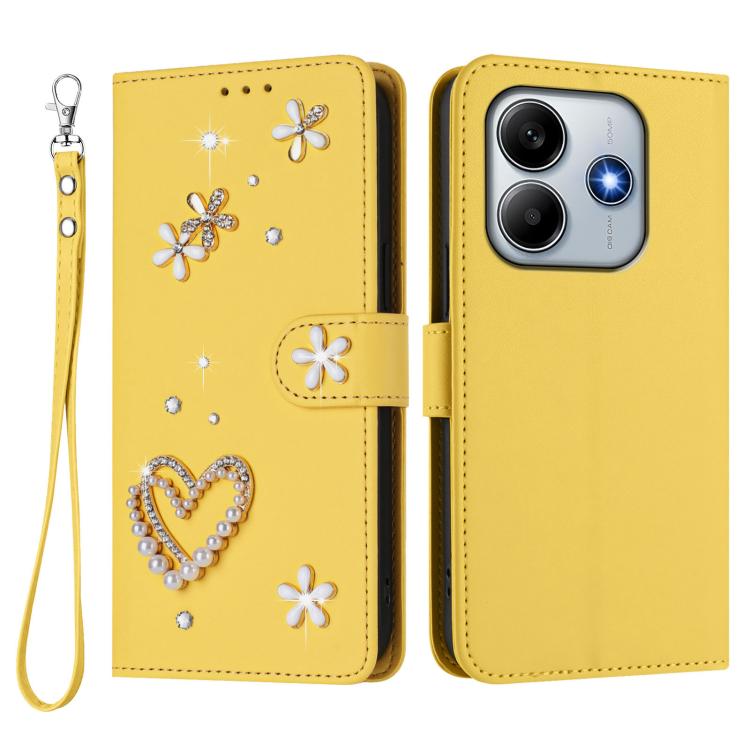 For Redmi Note 14 4G 163.25mm ZS01 Double-Layer Heart Floral Vegan Leather Phone Case with Wrist Strap