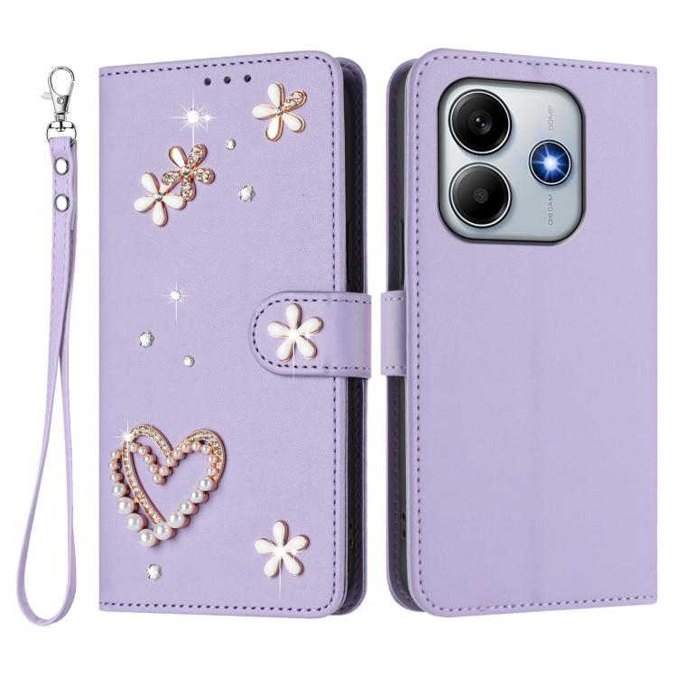 For Redmi Note 14 4G 163.25mm ZS01 Double-Layer Heart Floral Vegan Leather Phone Case with Wrist Strap