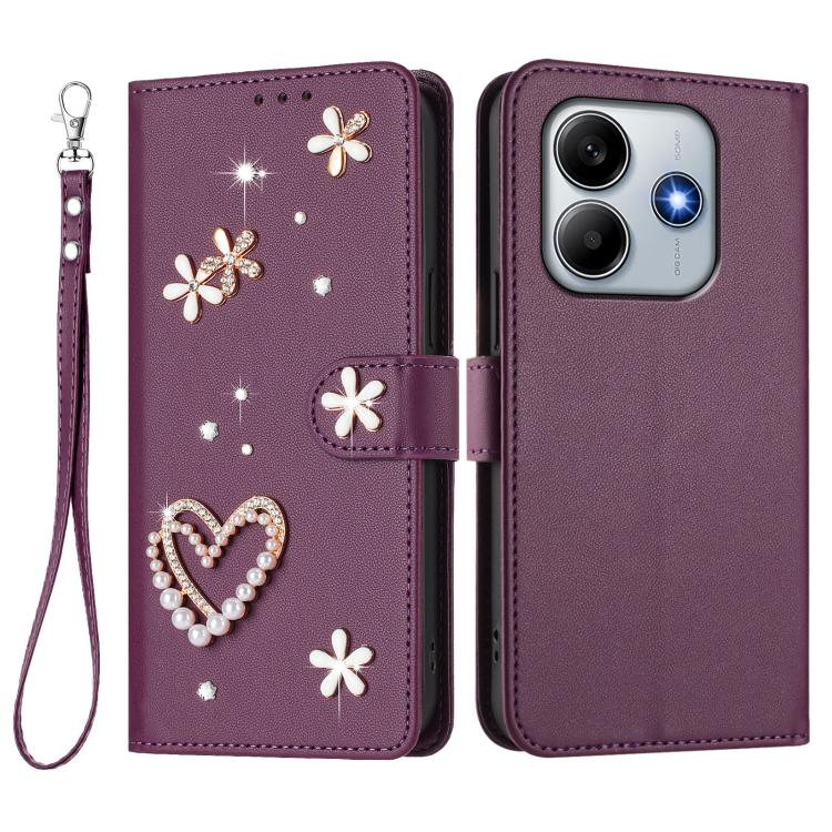 For Redmi Note 14 4G 163.25mm ZS01 Double-Layer Heart Floral Vegan Leather Phone Case with Wrist Strap
