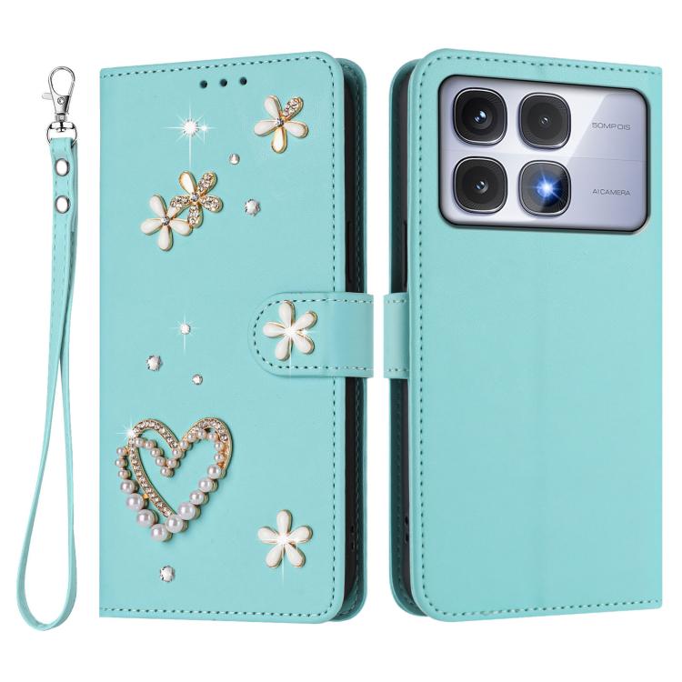 For Redmi K70 Ultra ZS01 Double-Layer Heart Floral Vegan Leather Phone Case with Wrist Strap