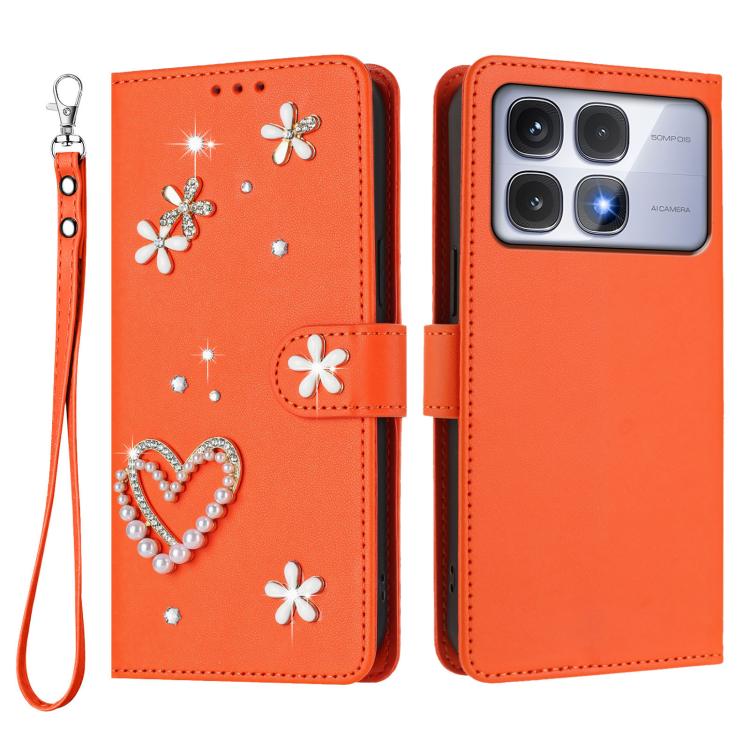 For Redmi K70 Ultra ZS01 Double-Layer Heart Floral Vegan Leather Phone Case with Wrist Strap