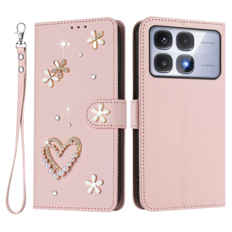 For Redmi K70 Ultra ZS01 Double-Layer Heart Floral Vegan Leather Phone Case with Wrist Strap