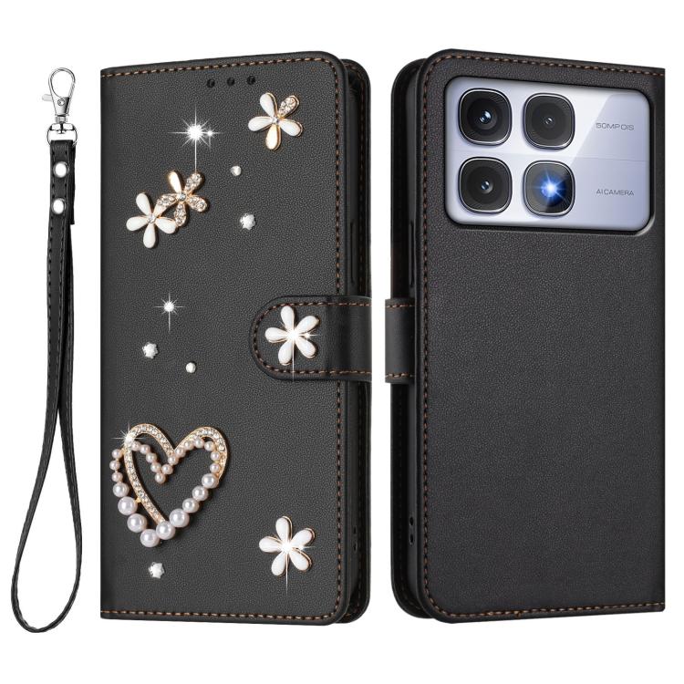 For Redmi K70 Ultra ZS01 Double-Layer Heart Floral Vegan Leather Phone Case with Wrist Strap