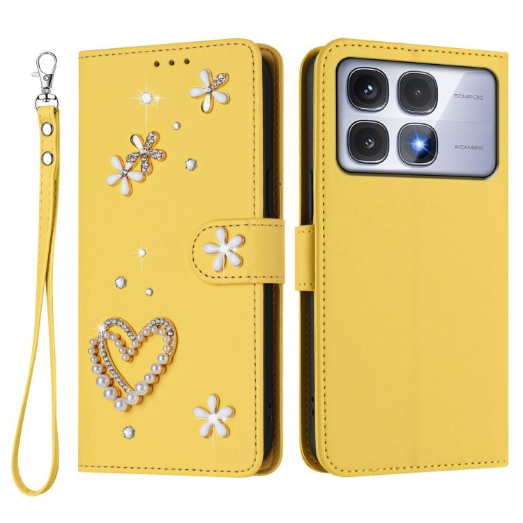 For Redmi K70 Ultra ZS01 Double-Layer Heart Floral Vegan Leather Phone Case with Wrist Strap