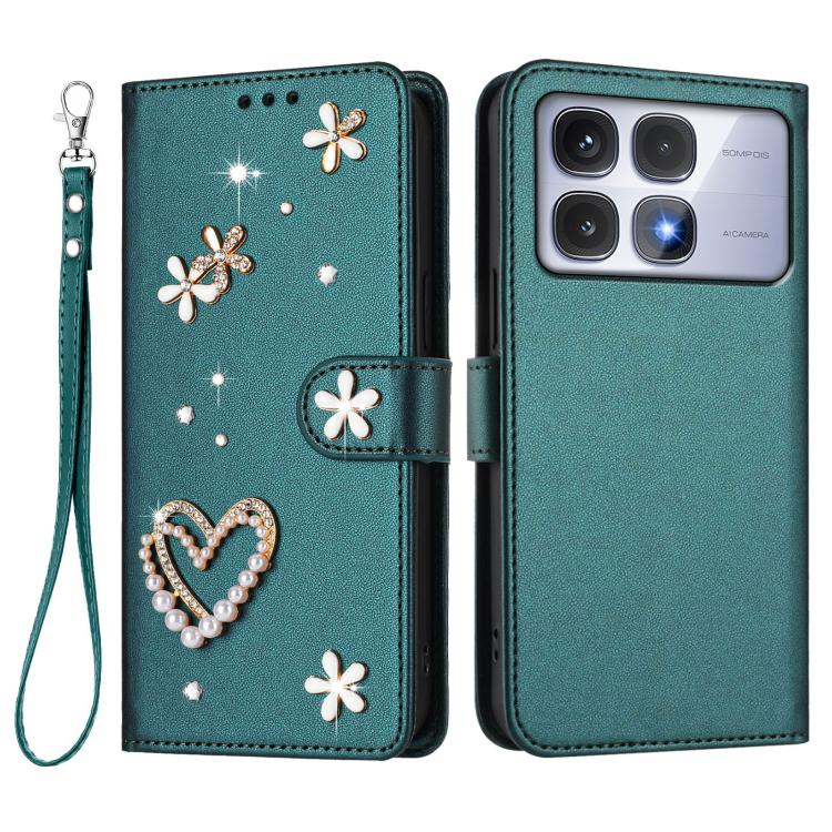 For Redmi K70 Ultra ZS01 Double-Layer Heart Floral Vegan Leather Phone Case with Wrist Strap