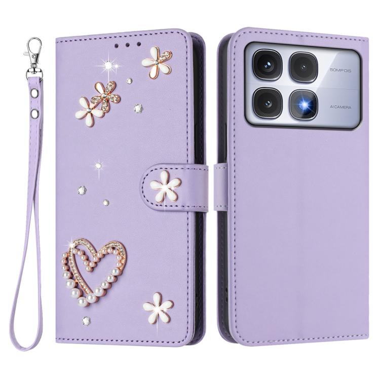 For Redmi K70 Ultra ZS01 Double-Layer Heart Floral Vegan Leather Phone Case with Wrist Strap