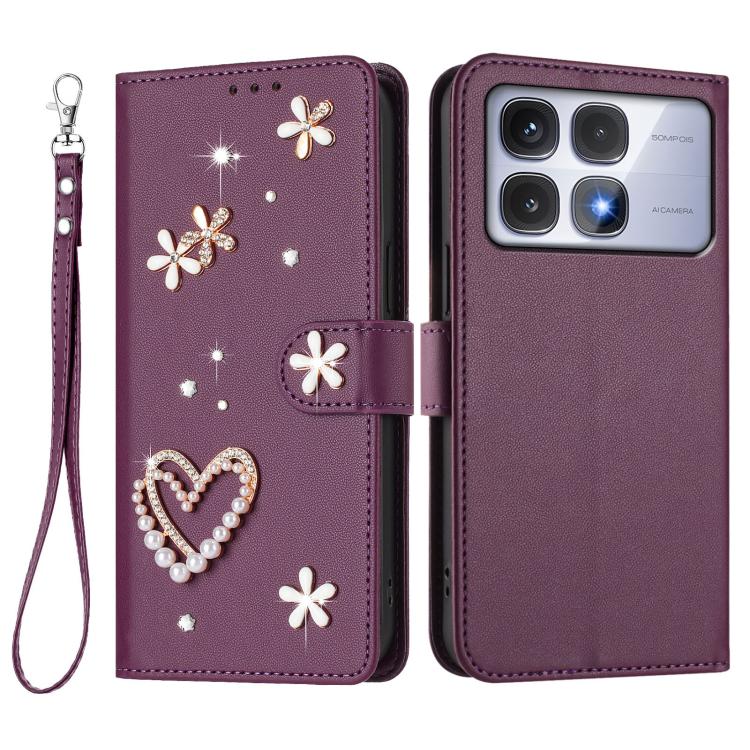 For Redmi K70 Ultra ZS01 Double-Layer Heart Floral Vegan Leather Phone Case with Wrist Strap