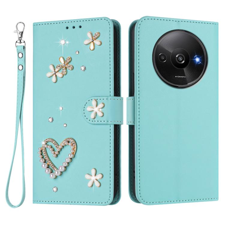 For Redmi A3 4G / A3x 4G / Poco C61 4G ZS01 Double-Layer Heart Floral Vegan Leather Phone Case with Wrist Strap