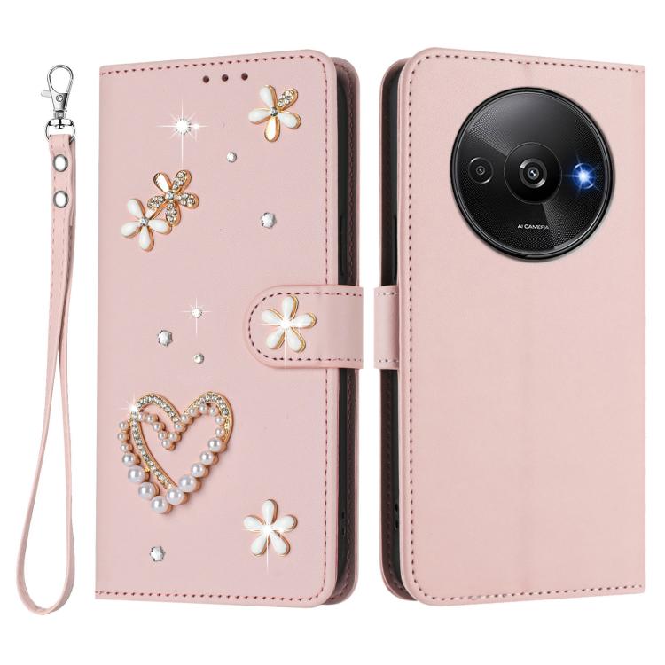 For Redmi A3 4G / A3x 4G / Poco C61 4G ZS01 Double-Layer Heart Floral Vegan Leather Phone Case with Wrist Strap
