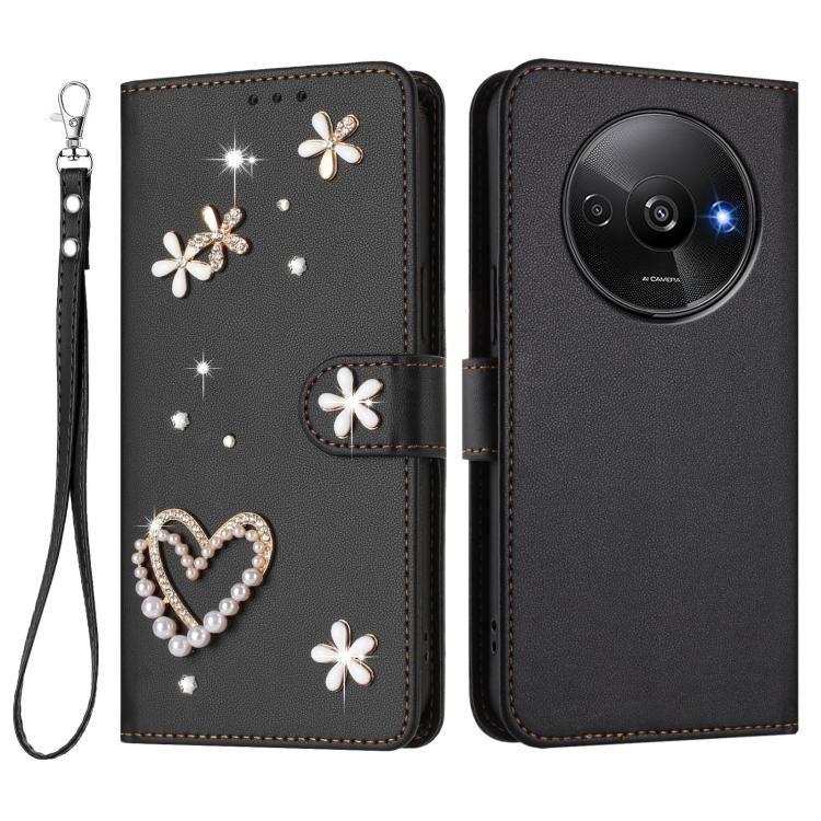 For Redmi A3 4G / A3x 4G / Poco C61 4G ZS01 Double-Layer Heart Floral Vegan Leather Phone Case with Wrist Strap