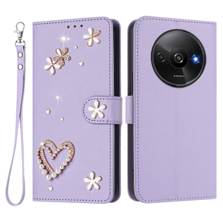 For Redmi A3 4G / A3x 4G / Poco C61 4G ZS01 Double-Layer Heart Floral Vegan Leather Phone Case with Wrist Strap