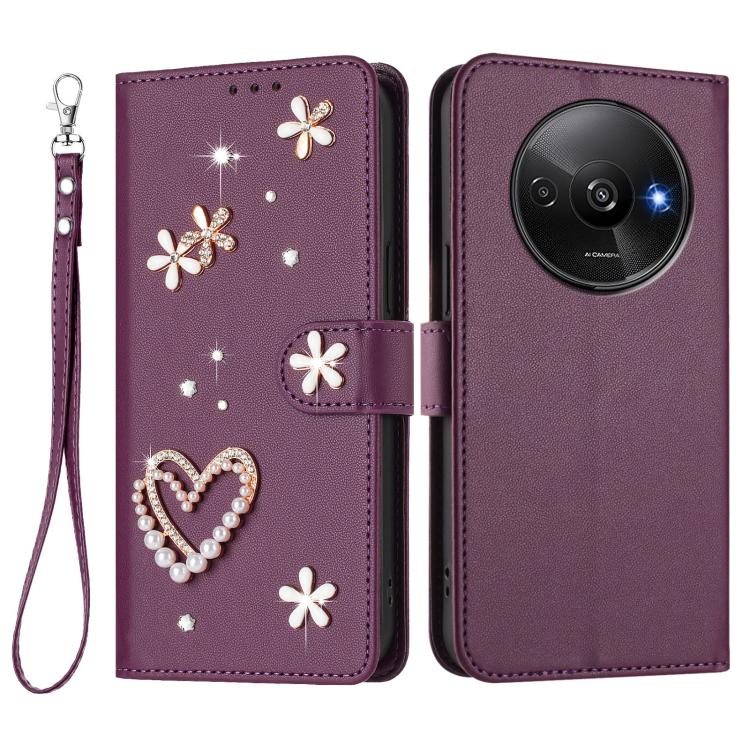 For Redmi A3 4G / A3x 4G / Poco C61 4G ZS01 Double-Layer Heart Floral Vegan Leather Phone Case with Wrist Strap