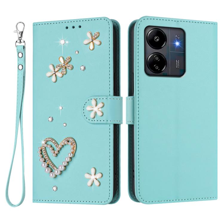 For Redmi 13C 5G/4G / Poco C65 / Poco M6 5G ZS01 Double-Layer Heart Floral Vegan Leather Phone Case with Wrist Strap