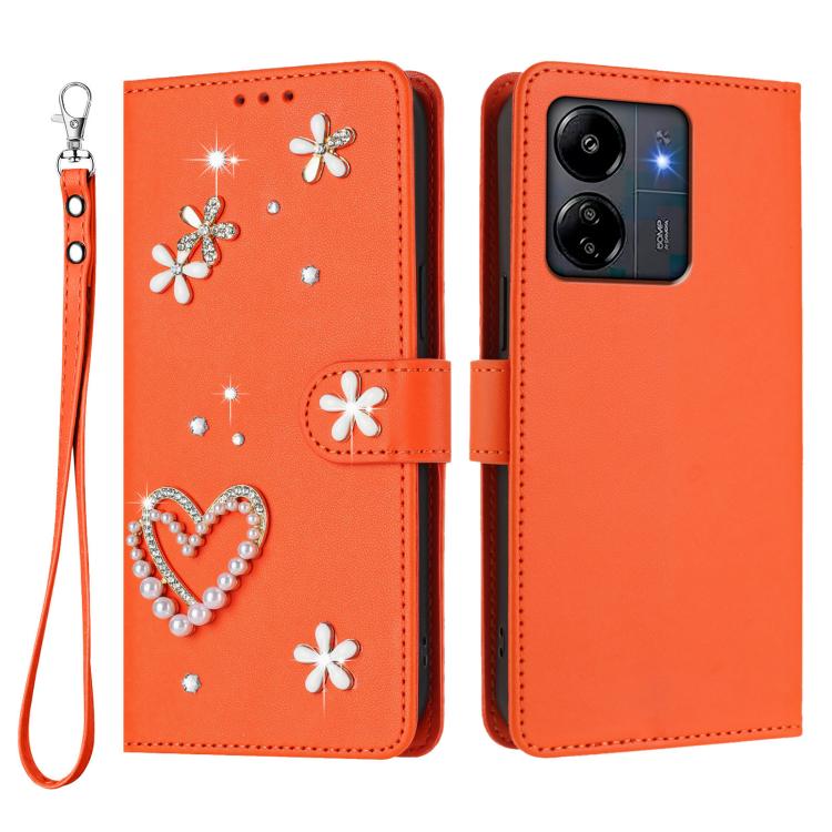 For Redmi 13C 5G/4G / Poco C65 / Poco M6 5G ZS01 Double-Layer Heart Floral Vegan Leather Phone Case with Wrist Strap